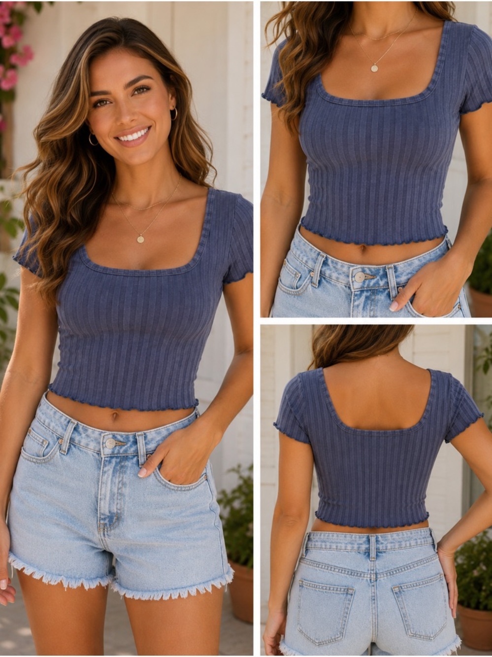 OFFLINE by Aerie OG Original Blue Ribbed Cropped Square Neck Tee | XL